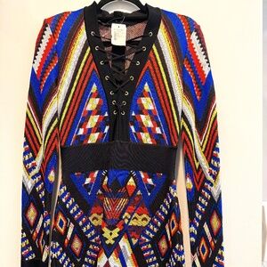 Balmain Runway Geometric Multi Tribal Knit Lace Mini Dress – NWT Size FR 38 / US